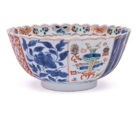 A Chinese verte-imari chrysanthemum moulded bowl: with lobed sides and scalloped rim, painted in famille verte, iron-red and 