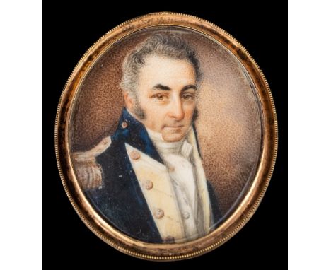 English School early 19th Century-A miniature portrait of a naval officer,:-bust-length, with wavy grey hair, sideburns and b