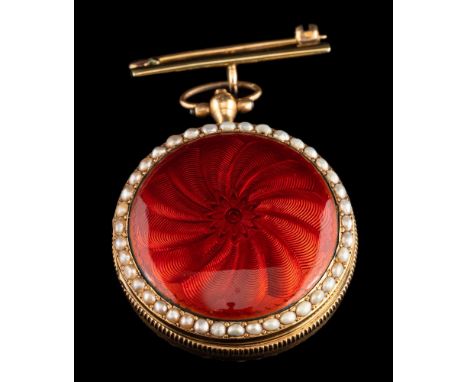 A gold, enamel and seed pearl fob watch:, the white enamel dial with Arabic numerals and blue steel hands, the case with red 