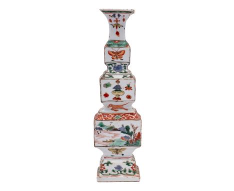 A Chinese famille verte square section triple-gourd vase: painted with alternating panels of butterflies, auspicious objects,