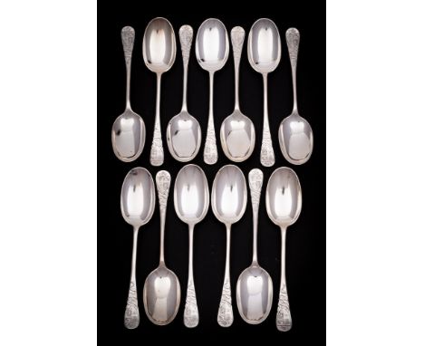 A set of thirteen Victorian silver Hanoverian pattern  dessert spoons, maker William Hutton &amp; Sons Ltd, London, 1898:  cr