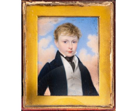 Attributed to Charles Jenour [fl.1825-1850]-A miniature portrait of a boy,:- bust-length, with fair wavy hair, blues eyes and