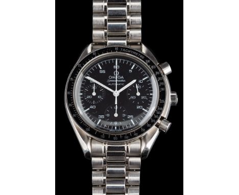 Omega, Speedmaster, an automatic stainless steel chronograph wristwatch,: the black dial with lume baton hour markers, lumino