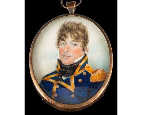 English School early 19th Century-A miniature portrait of a naval officer,:-head and shoulders with wavy brown hair and brown