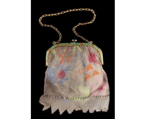 A 1920s white metal and enamel evening bag,: the chain mail bag with  painted sections and a green and red enamel top, with h