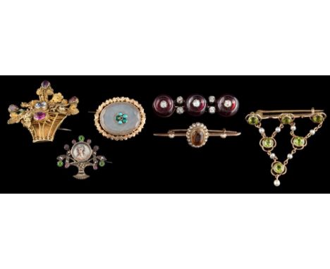 Six various brooches:- comprising ;- a peridot and seed pearl brooch, a multi-gem-set 'basket' brooch, a portrait brooch, a d