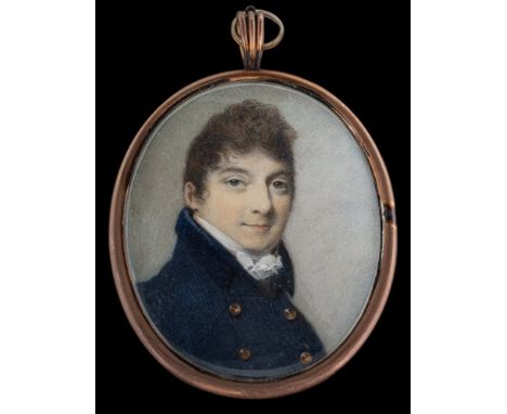 Circle of Charles Jagger [circa 1770-1827]-A miniature portrait of a young man,:- head and shoulders with dark wavy hair and 