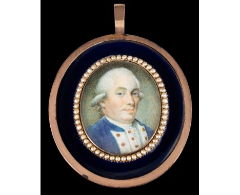 English School Circa 1760s-A miniature portrait of a gentleman,:- head and shoulders, with blue eyes, wearing a short powdere