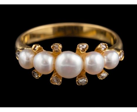 A cultured pearl and diamond ring,: set with a row of graduated cultured pearls with rose cut diamonds between, ring size M 1
