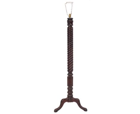 A Victorian stained hardwood standard lamp, late 19th century,: with later electrical fitment to a Solomonic shaft, above egg