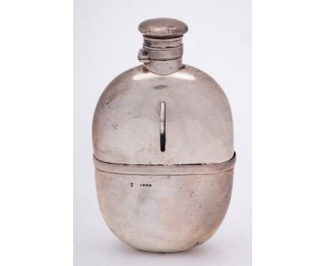 A Victorian glass and silver mounted hip flask, maker Holland, Son &amp; Slater, London, 1881: of oval outline with turn-off 