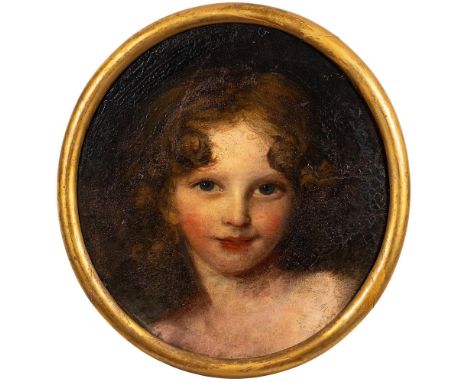 Follower of Sir Thomas Lawrence, early 19th Century- Portrait of a girl,:- head and shoulders with curling brown hair, blue e