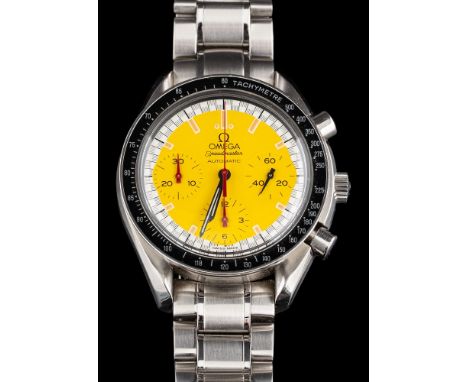 Omega, Speedmaster, Schumacher, an automatic chronograph wristwatch,: the yellow dial with baton markers, luminous hands, cen