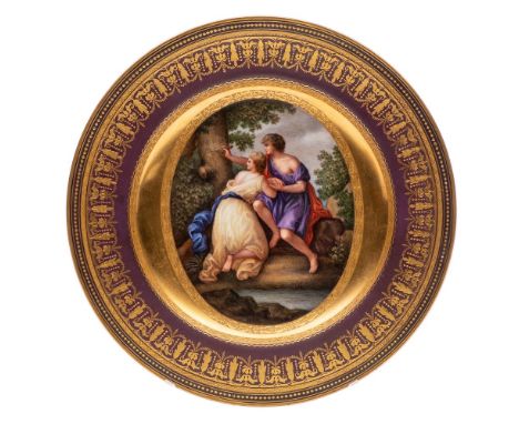 A Vienna neo-classical plate: painted in the manner of Angelica Kauffman with lovers by a tree trunk and rocky stream in an o
