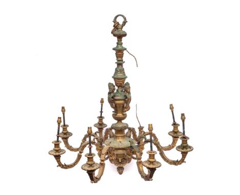 A 19th century ormolu eight-branch chandelier: the central knopped stem with four female caryatids with eight scrolling branc