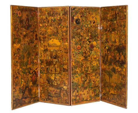 A good Victorian four fold scrapwork screen:, the panels decorated with flowers, foliage, fruit and various figures, within g
