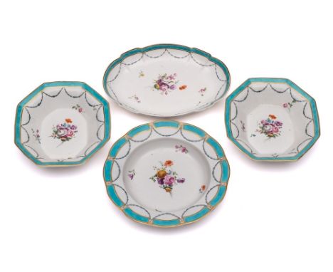 A group of four Chelsea-Derby dishes: each painted in the manner of Edward Withers with a central floral bouquet and scattere