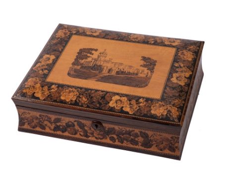 A 19th century Tunbridge ware games box by Henry Hollamby: of rectangular outline, the shallow domed and hinged lid decorated