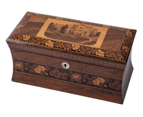 A 19th century Tunbridge ware tea caddy: of rectangular and waisted outline, the shallow domed and hinged lid decorated with 