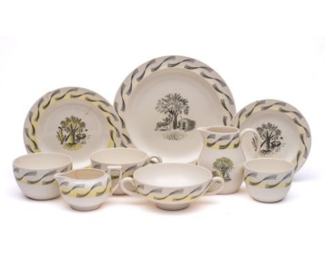 Eric Ravillious for Wedgwood, a 'Garden' pattern Queen's Ware part dinner and tea service: sepia printed and enamelled in yel