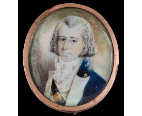 English School late 18th Century-A miniature portrait of a naval officer,:-head and shoulders with wavy powdered hair and bro