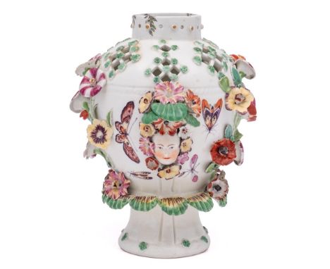 A Derby pot-pourri frill vase: with pierced upper body and applied with two mask heads and flowers on leafy stems intersperse