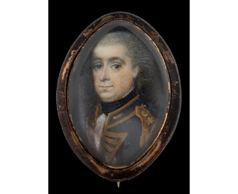 English School Circa 1800-A miniature portrait of a naval officer,:-head and shoulders with powdered hair and blue eyes, wear