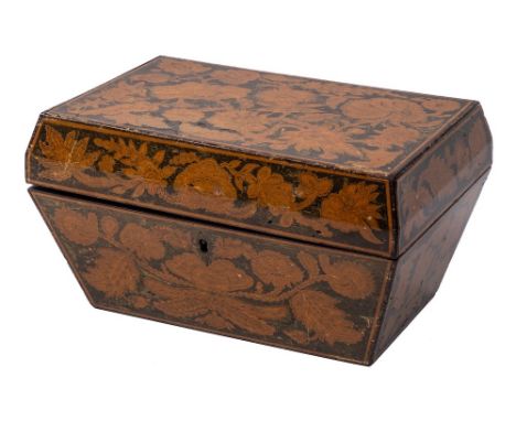 A Regency pen work chinoiserie tea caddy: of rectangular tapering outline, the domed and hinged lid decorated with foliage an