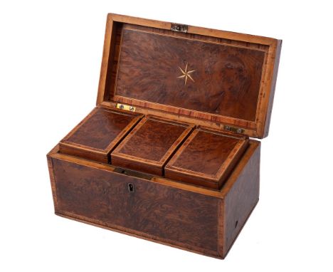 A 19th century  yew wood and cross banded tea caddy: of rectangular outline, the hinged lid enclosing three lidded compartmen