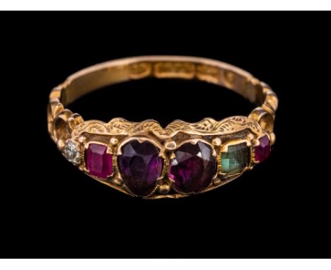 A 15 carat gold multi gem set 'regard' ring,: the acrostic design set with two square cut rubies, a square cut emerald, an ov