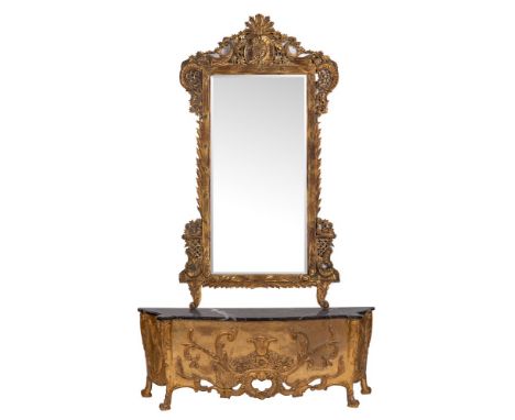 A carved and giltwood and marble mounted console with mirror, in Louis XIV style, last quarter 20th century,: the bevelled re