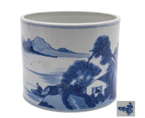 A large Chinese blue and white cylindrical brush pot, Bitong: painted with a continuous lake landscape scene with buildings a