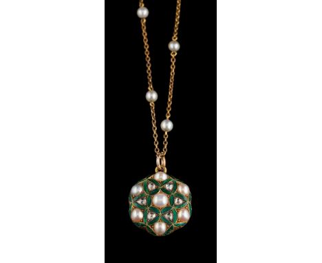 A pearl, diamond and enamel pendant,: the pendant set with pearls and rose cut diamonds within green enamel surrounds, the re