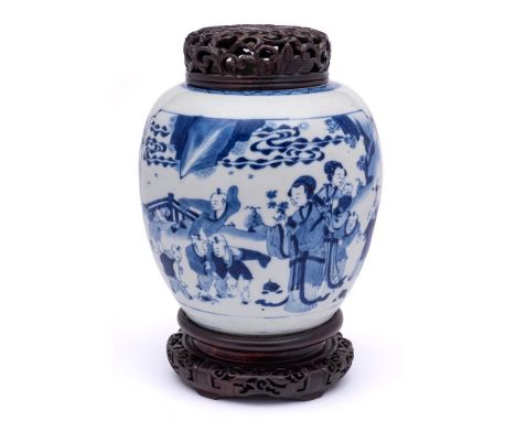 A Chinese blue and white 'Sixteen Sons' jar: painted with two panels divided by pendant floral sprays each depicting two fema