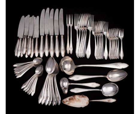 A 20th century  Austrian silver part flatware service: initialled, includes; six table forks, six dessert forks, eight pastry