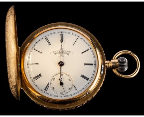 Elgin, USA, an 18 carat gold hunter pocket watch: the movement having a lever escapement with compensating balance, engine-tu