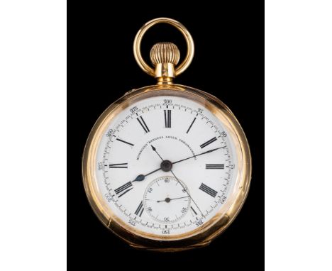 Russells Keyless Lever Chronograph, a Swiss Made 18 carat gold open-faced pocket watch: the movement having a lever escapemen