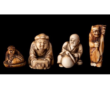 Three Japanese carved ivory netsuke depicting street merchants: together with another ivory netsuke of an oni, Meiji period (