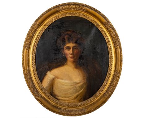 English School Circa 1900-Portrait of a lady, head and shoulders,:-with auburn hair and blue eyes, wearing a white satin dres