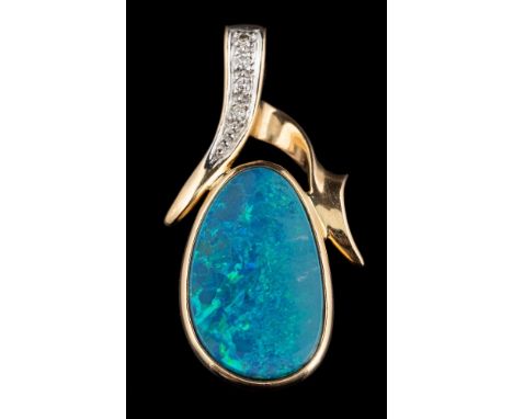 A 14 carat gold boulder opal and diamond pendant,: the oval shaped boulder opal in a collet setting, below a brilliant cut di