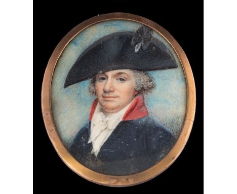 English School mid-18th Century-A miniature portrait of a gentleman,:- head and shoulders with blue eyes, wearing a bicorn ha