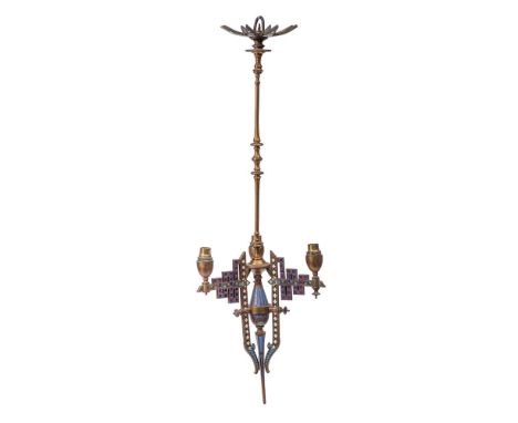 A 19th century French brass and champlevé three-branch ceiling light: with urn-shaped sconces on geometric inlaid branches, i