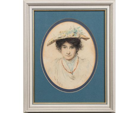 Walter Langley [1852-1922]- Portrait of a woman, head and shoulders, wearing a hat adorned with daisies,:-signed bottom leftp