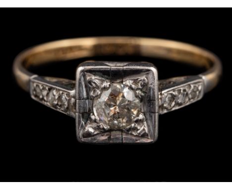 A diamond ring,: the old brilliant cut diamond, estimated to weigh 0.25 carats, between rose cut diamond set shoulders, stamp