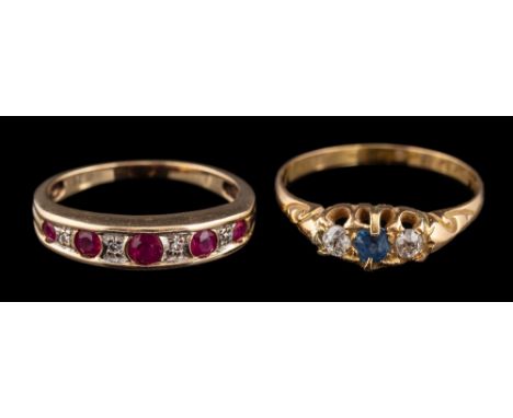 A ruby and diamond ring,: the circular cut rubies with eight cut diamonds in between, stamped 375, ring size K; and a sapphir