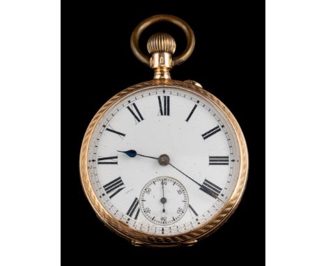 A 14 carat gold pocket watch,: the white enamel dial with black Roman numerals, subsidiary seconds dial and blue steel hands,