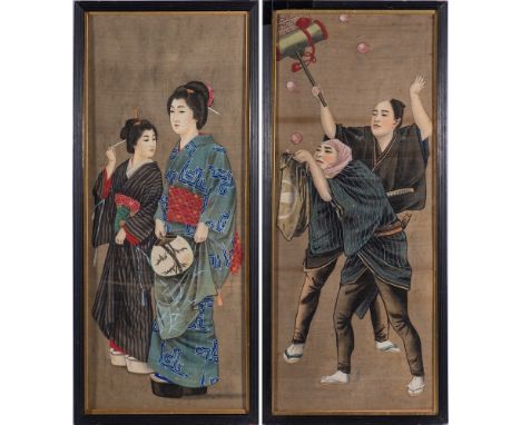 A 20th century Japanese watercolour portrait on silk: depicting two Bijins, wearing traditional costume, framed and glazed,78