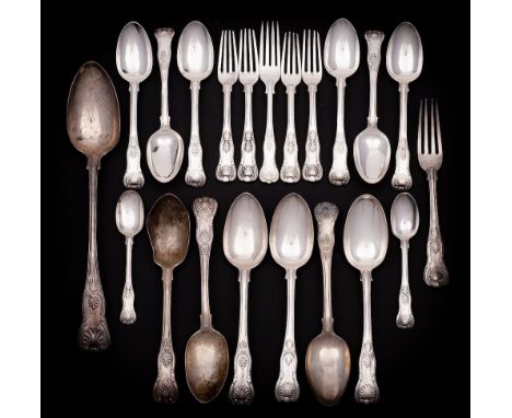 A matched silver Kings pattern part flatware service, various makers and dates: includes, table fork, five dessert forks, six