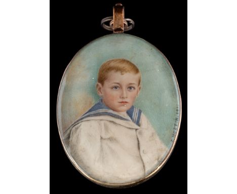 Ellen Morton [19/20th Century]-A miniature portrait of a young boy in sailor suit,:- bust-length with fair hair and blue eyes