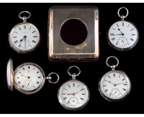 Five silver pocket watches: Rotherham & Co, London, a silver hunter pocket watch with a full-plate movement and engine-turned